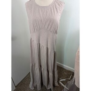 DKNY Women Sleeveless Maxi Dress Heathered Tan Beige Asymmetrical Tiered Skirt L